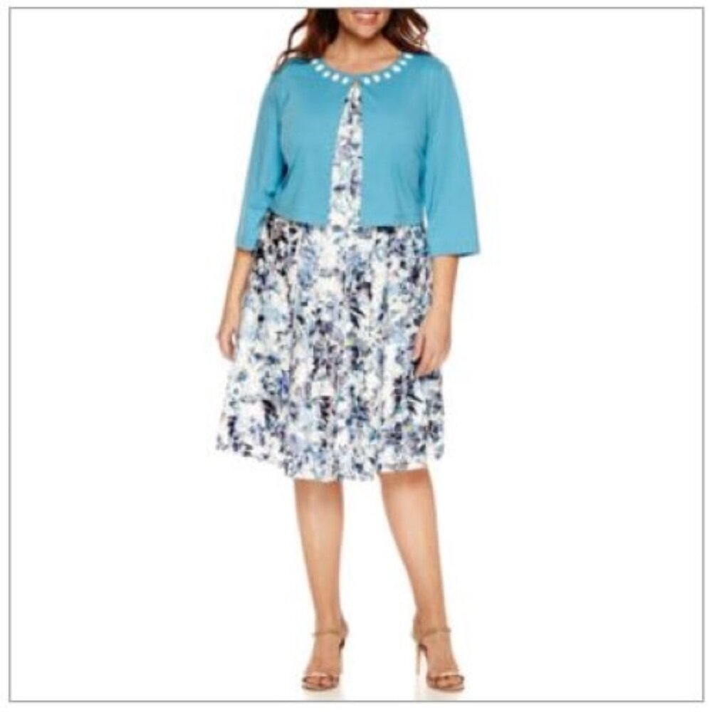 NEW Perceptions New York Blue Jacket & Sleeveless Lace Floral Lined Dress 3x